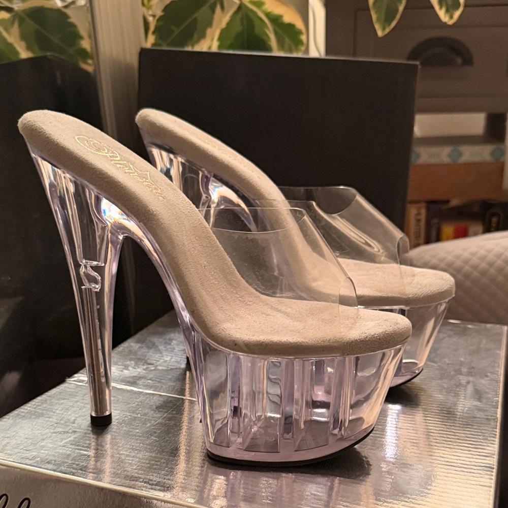 Pleaser Silver and Clear Platform Heels